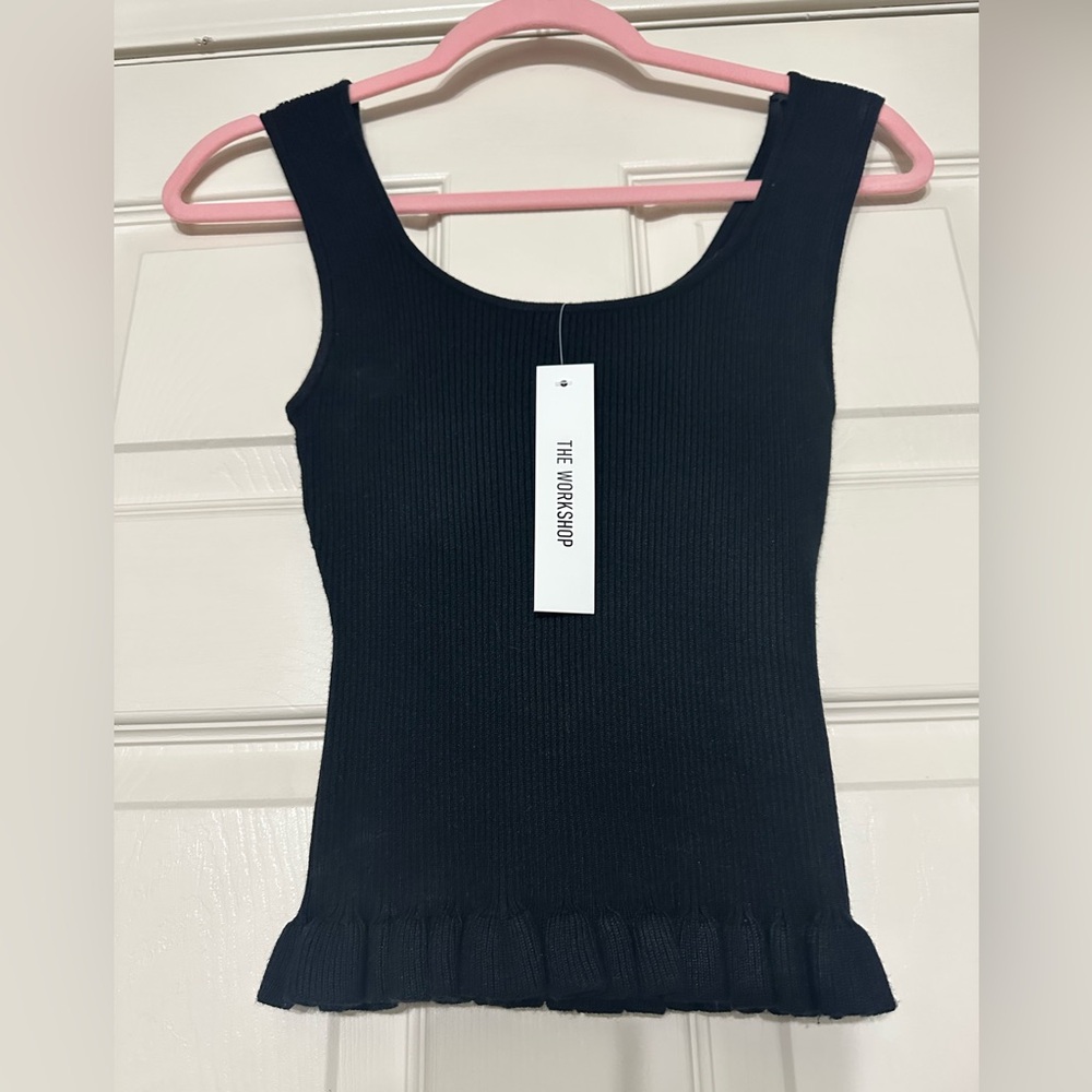 The Workshop Black Ribbed Top with Ruffle Detail